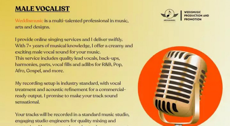 I will CREAMY AND EXCITING MALE POP VOCALS + MIXING AND MASTERING